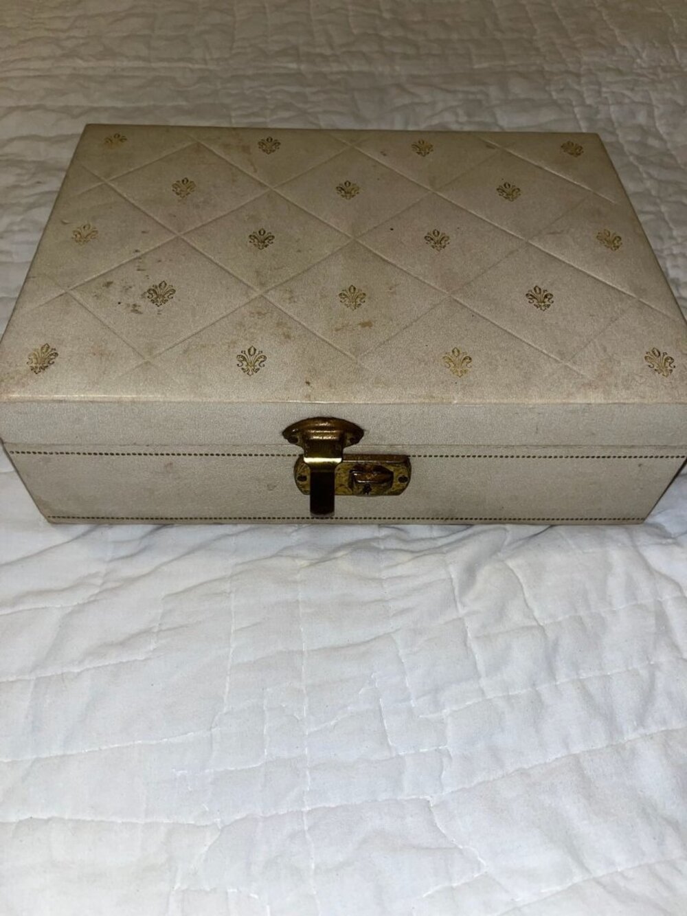 Vintage White Jewelry Box With Red Satin Interior & Mirror Gold Fleur-De-Lis Pat